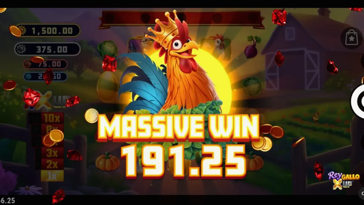 Interface do jogo Rey Gallo X UP com elementos de fazenda e multiplicadores