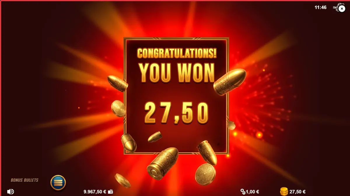 Interface do slot Bonus Bullets com tema noir e revólver dourado